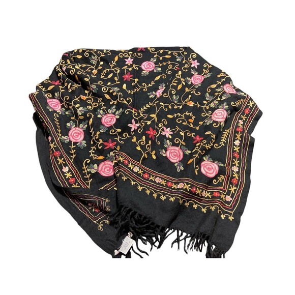 Felt Wool Scarf Handmade Black w/ Pink Roses Fringe Boho Wearable Art Excellent! - Picture 3 of 6